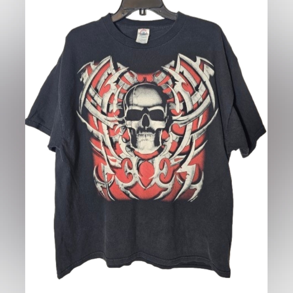 Vintage Skull Liquid Blue Black Graphic T-Shirt Size XL *See flaw